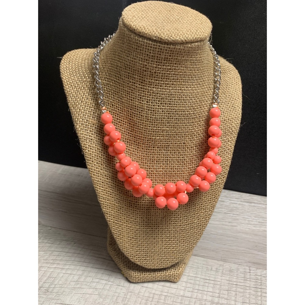 Coral Pink Chunky Bead Statement Necklace Silver Tone Chain 18 Inch 4039